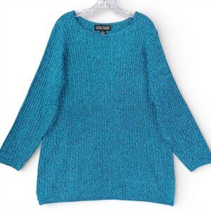 Ellen Tracy Metallic Ribbed Knit Sweater 2X Teal Blue Shimmer Pullover